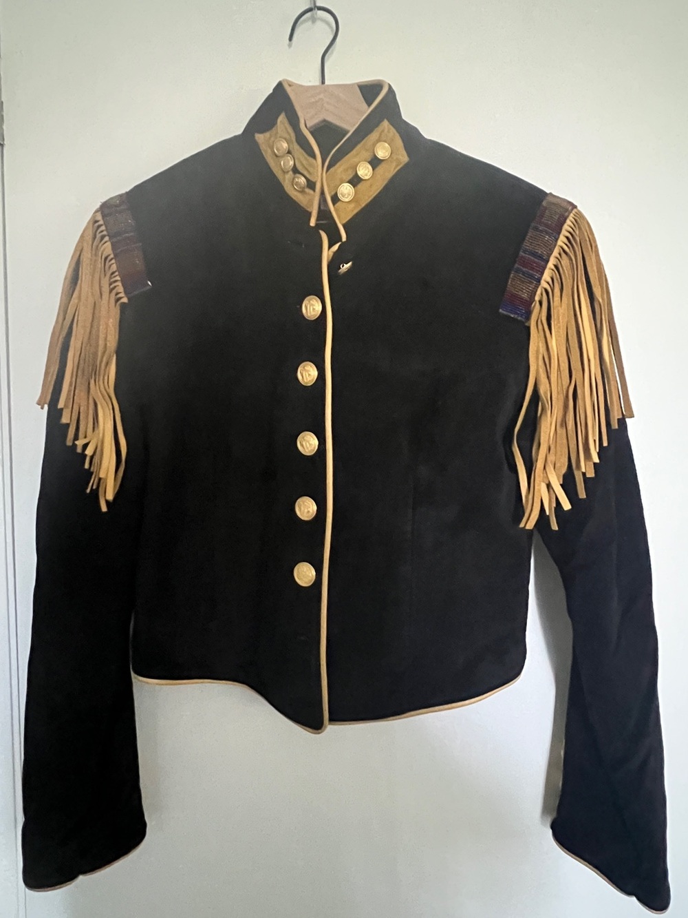 Double D Ranch Black Suede Jacket with Tan Leather Trim and fringed shoulders